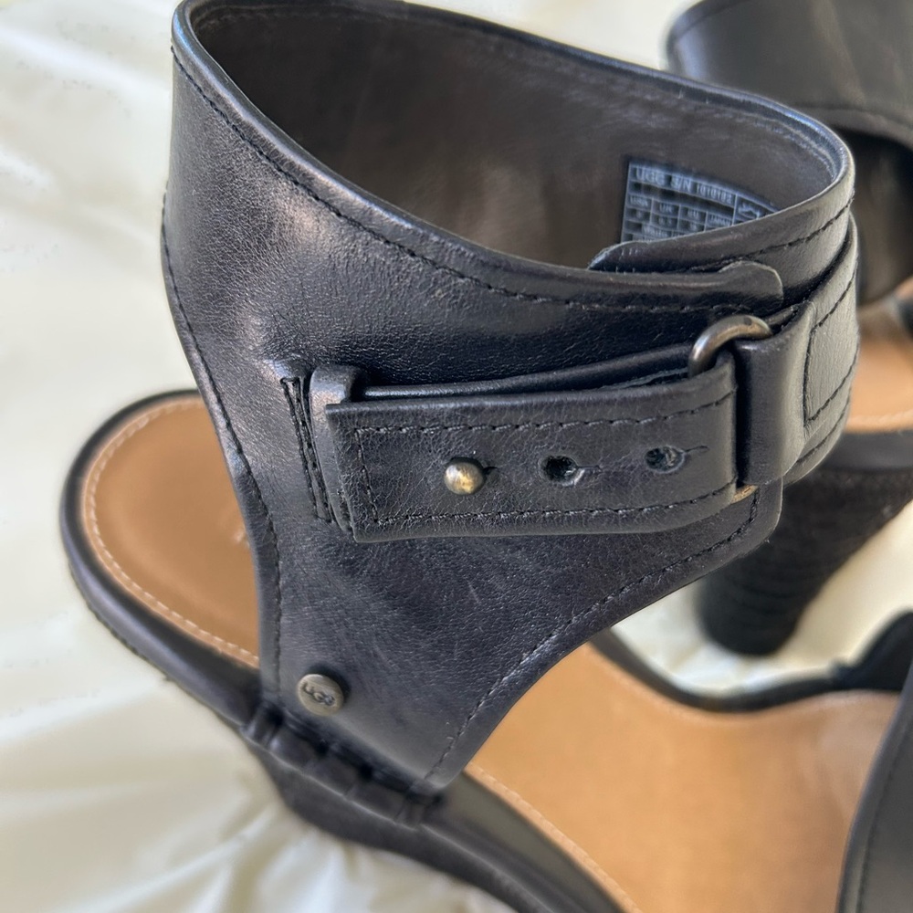 UGG Black Leather Wedge Sandals, size 8 - Picture 5 of 7